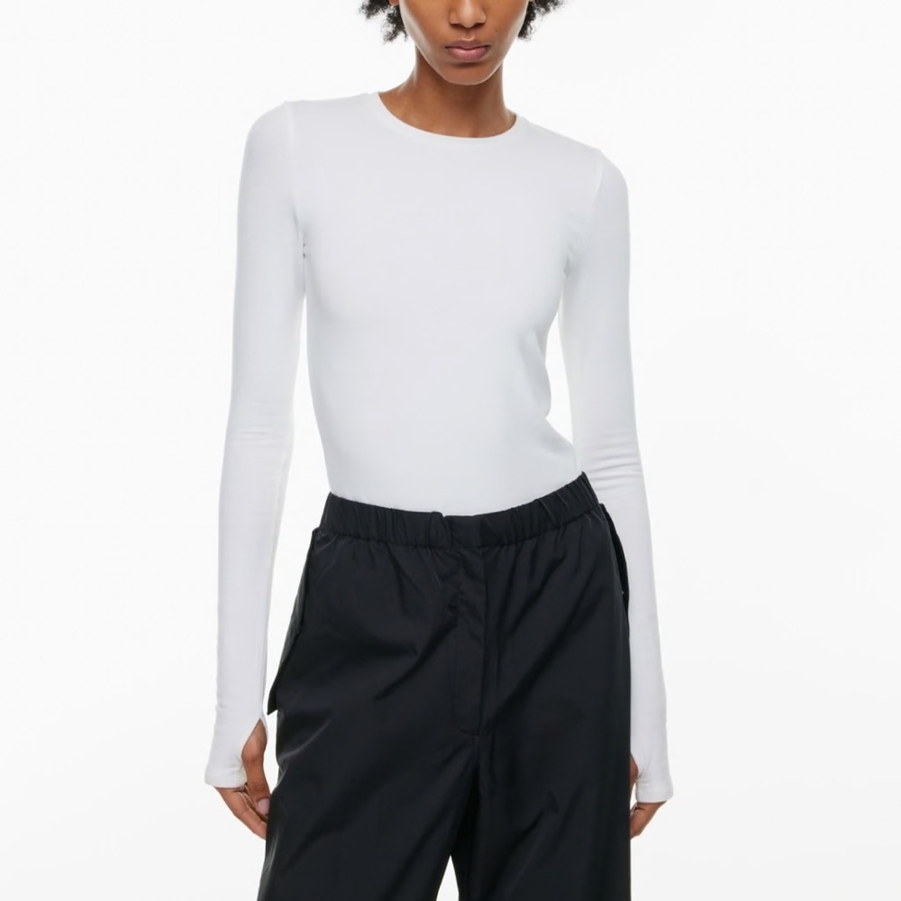 Aritzia White Long-Sleeve Slim Crewneck Top